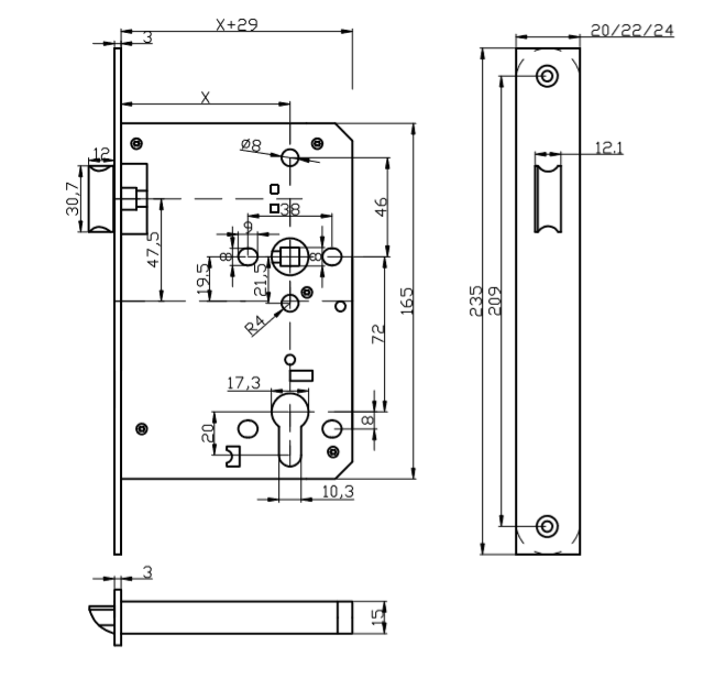 CE  En 12209 Stainless Steel Fire Rated Passage Door Latch Mortise Lock