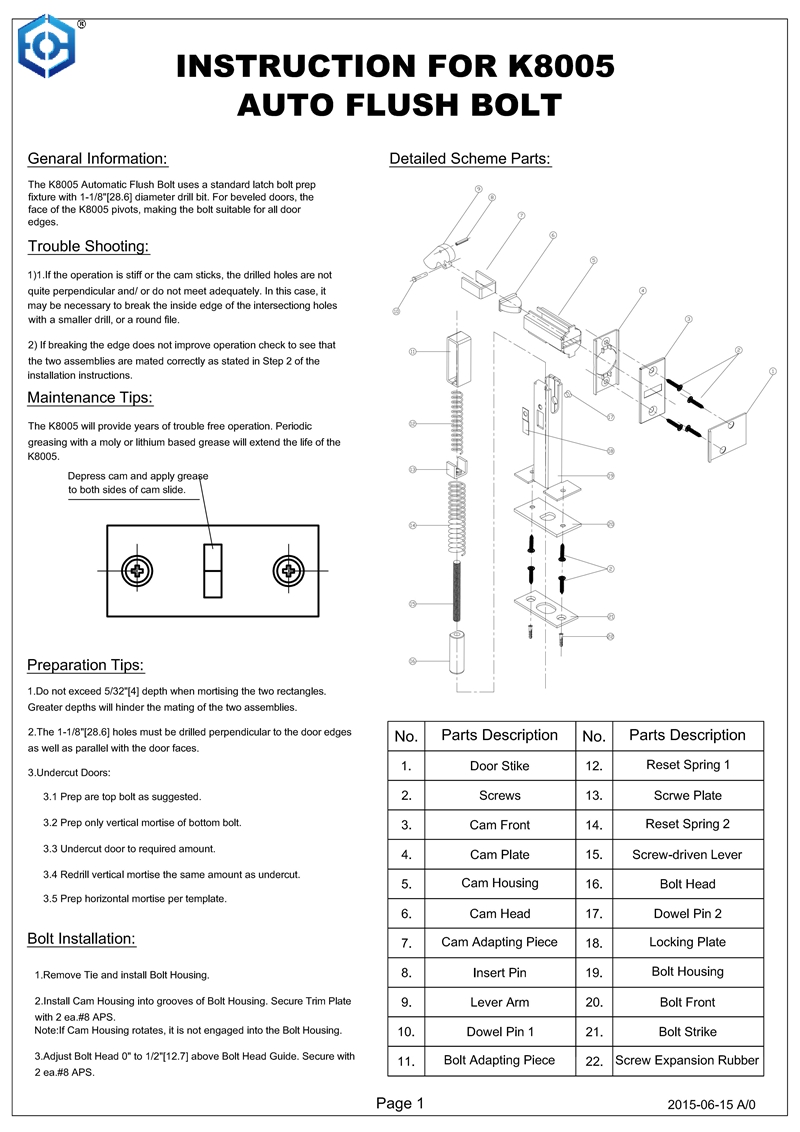 UL listed for 3 hour fire rated Universal Automatic Flush Bolts