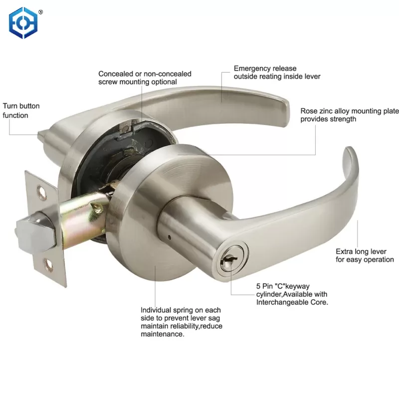 Satin Nickel Grade 3 Commercial Duty Office Door Keyed Lever Lock