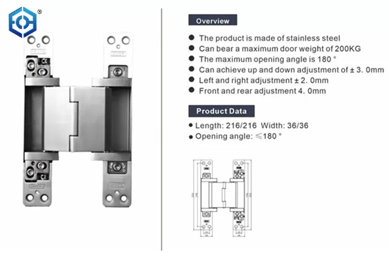 Stainless Steel Heavy Duty Hidden Concealed Hinge Max Door Weight of 200kg